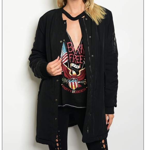 💙Black Longline Bomber Jacket - Picture 2 of 3